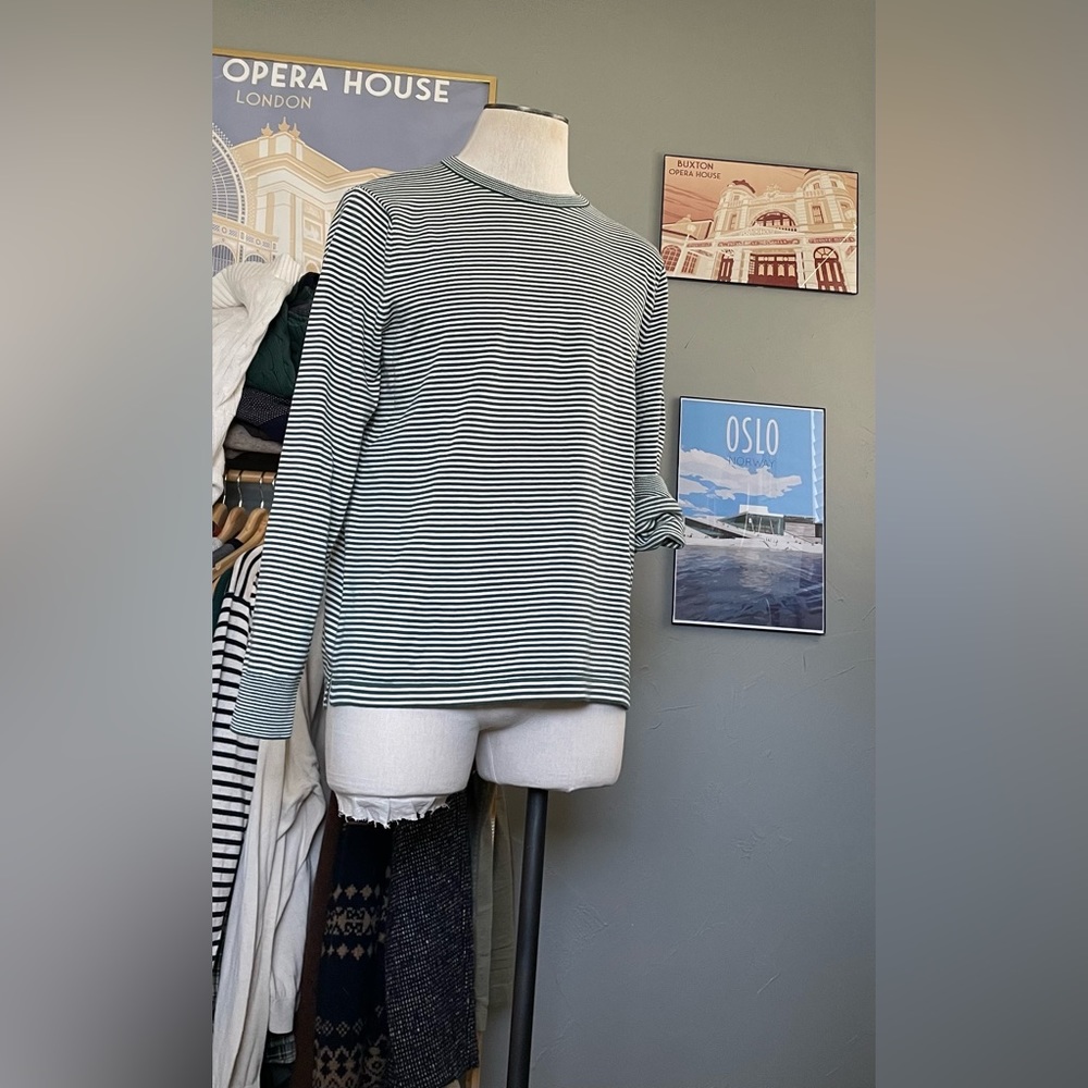 J. Crew Green and White Stripped Split Hem Sweater